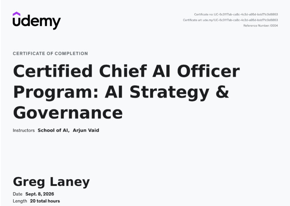 Certificate of completion for Greg Laney: Certified Chief AI Officer Program, AI Strategy and Governance, completed September 8, 2026