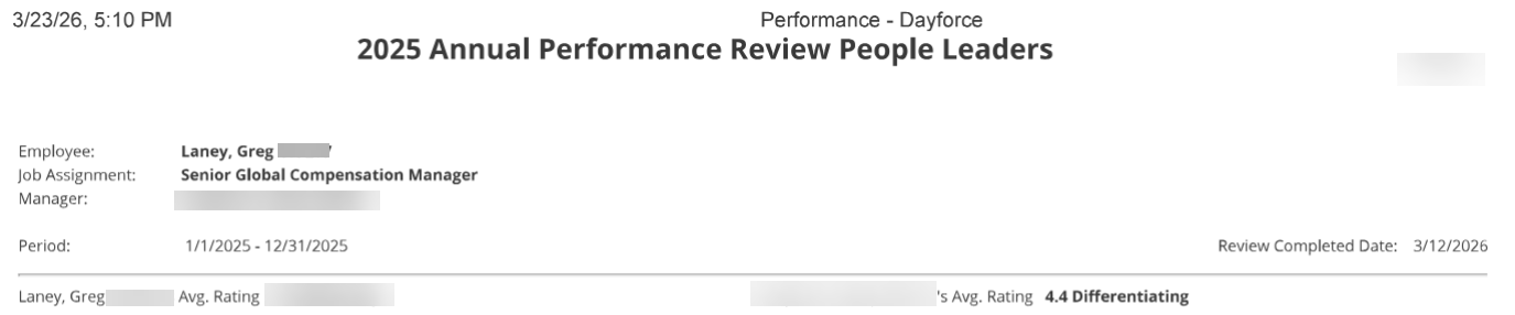 Excerpt from Greg Laney's 2025 annual performance review showing a 4.4 Differentiating rating